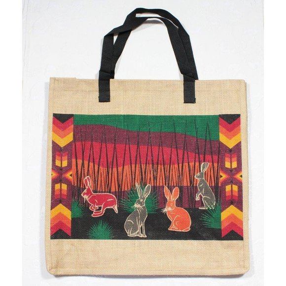 Eco-Friendly Stenciled 18" Jute Shopping Bag Tote Southwestern Jackrabbits NEW - Picture 1 of 2